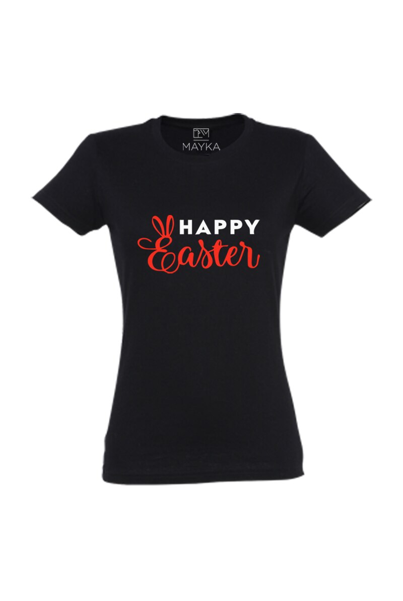 Tricou dama din bumbac 100%, MAYKA, model HAPPY EASTER, Negru