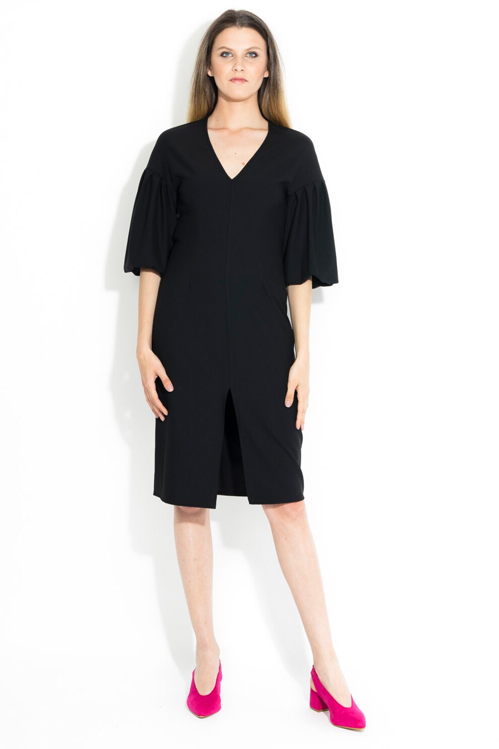 BLUZAT, Rochie midi cu slit frontal, Negru, S