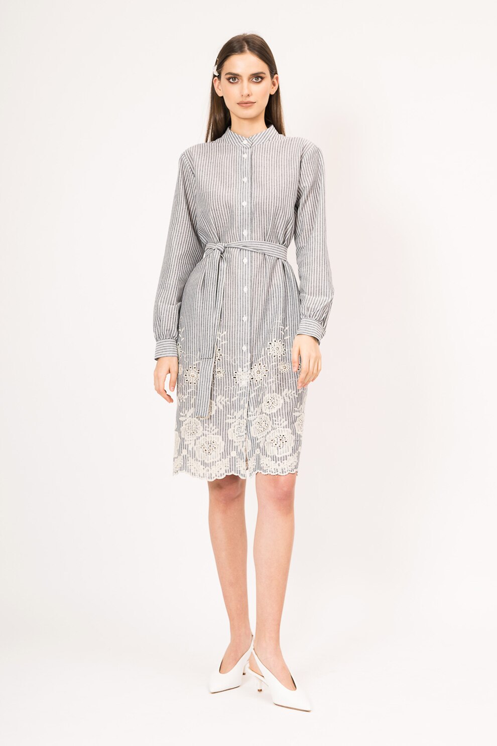 BLUZAT, Rochie-camasa midi cu model in dungi, Gri/Alb prafuit, XS