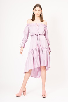 BLUZAT, Rochie cu decolteu pe umeri si terminatie asimetrica, Liliac, L BLUZAT, Rochie cu decolteu pe umeri si terminatie asimetrica, Liliac, L
