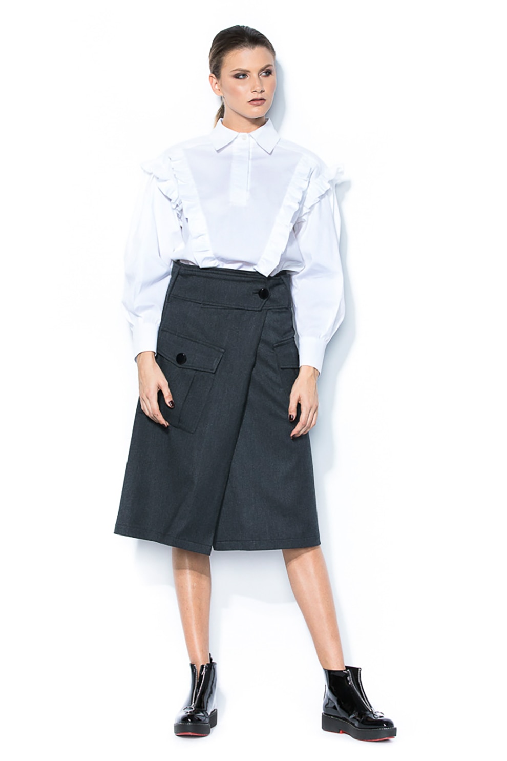 BLUZAT, Camasa cu maneci lungi si volane, Alb optic, L