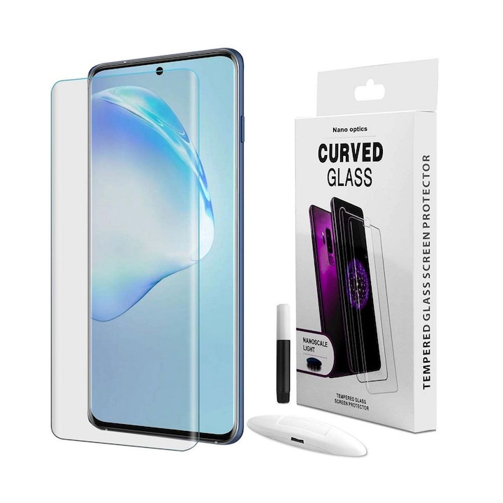 Folie sticla curbata cu adeziv UV Full Glue compatibila Samsung Galaxy S20 ULTRA transparenta PROTECT + Instructiuni montare incluse