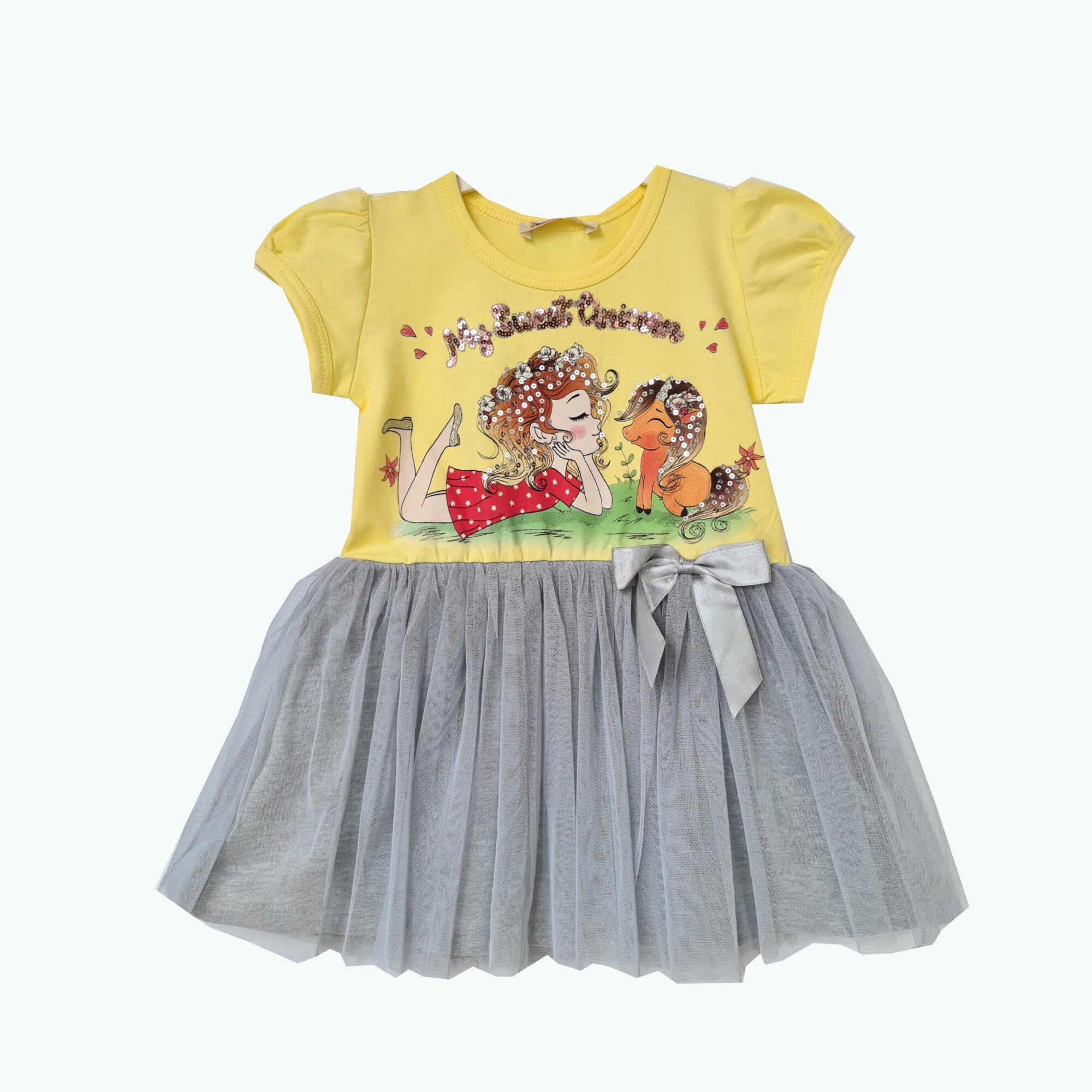 Rochita Sweet Unicorn galbena cu tiul gri, Galben/Gri, 92 CM