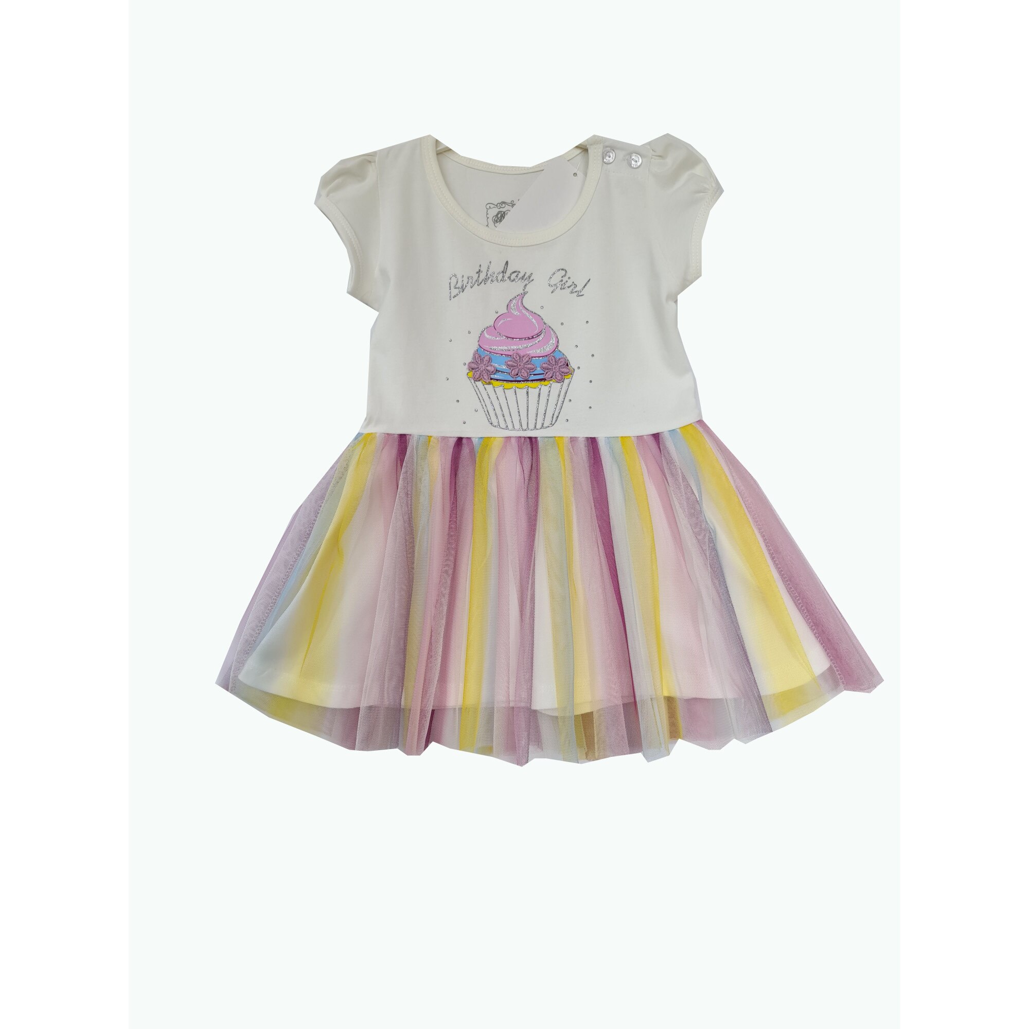 Rochita Birthday Girl multicolora cu tiul, Alb/Multicolor