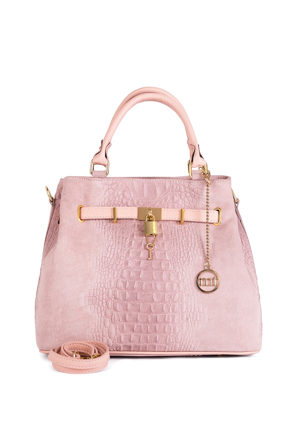 Mia Tomazzi, Geanta din piele, cu bareta de umar si detalii cu aspect de piele de crocodil, Roz/Auriu