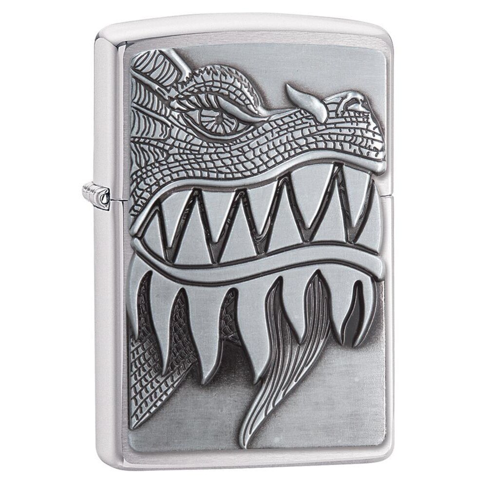 Bricheta Zippo Brushed Chrome Emblem Attached Fire Breathing Dragon