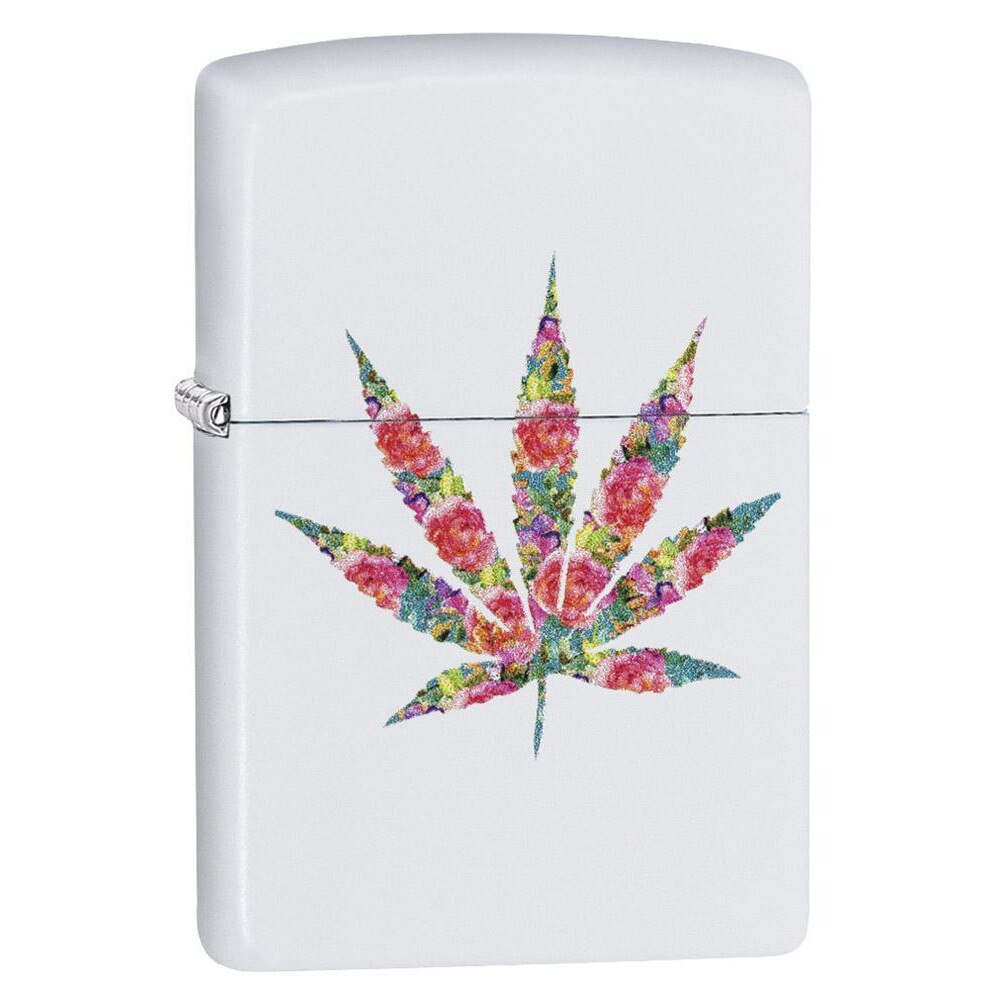 Bricheta Zippo White Matte Floral Weed Design