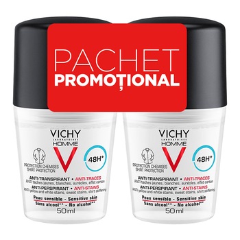 Pachet promo: Vichy Deodorant roll-on Homme cu efect anti-urme, eficacitate 48h, 2 X 50 ml Pachet promo: Vichy Deodorant roll-on Homme cu efect anti-urme, eficacitate 48h, 2 X 50 ml