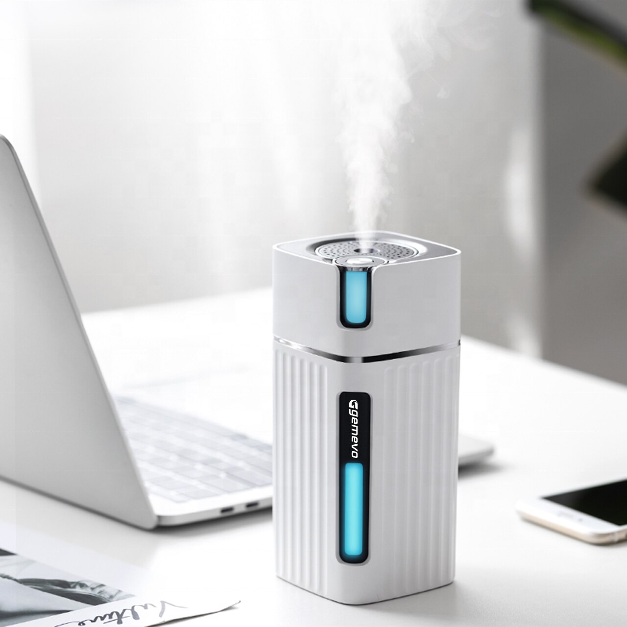 Umidificator de aer Ultrasonic Gemevo® CUBE cu Difuzor aromaterapie pentru casa, birou si masina, ALB, Gemevo