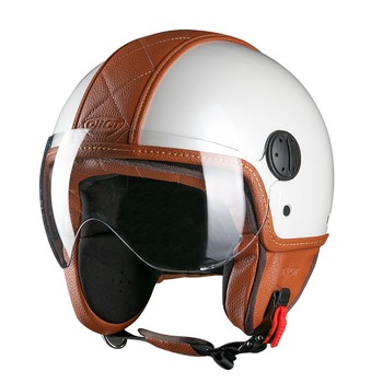 Casca moto open-face PILOT - PELLE, alb / maro, M Casca moto open-face PILOT - PELLE, alb / maro, M