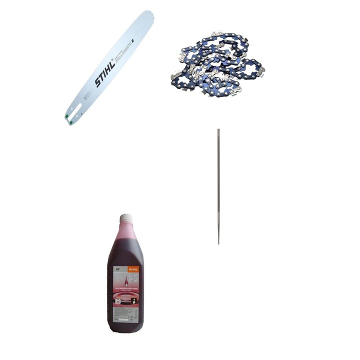 Set 4 consumabile MS 260 STIHL -lama,lant,pila, ulei rosu