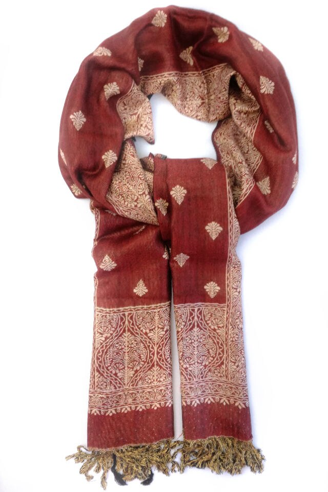 Esarfa Cara reversibila Paisley oriental floral India, rosu inchis, 70x200cm