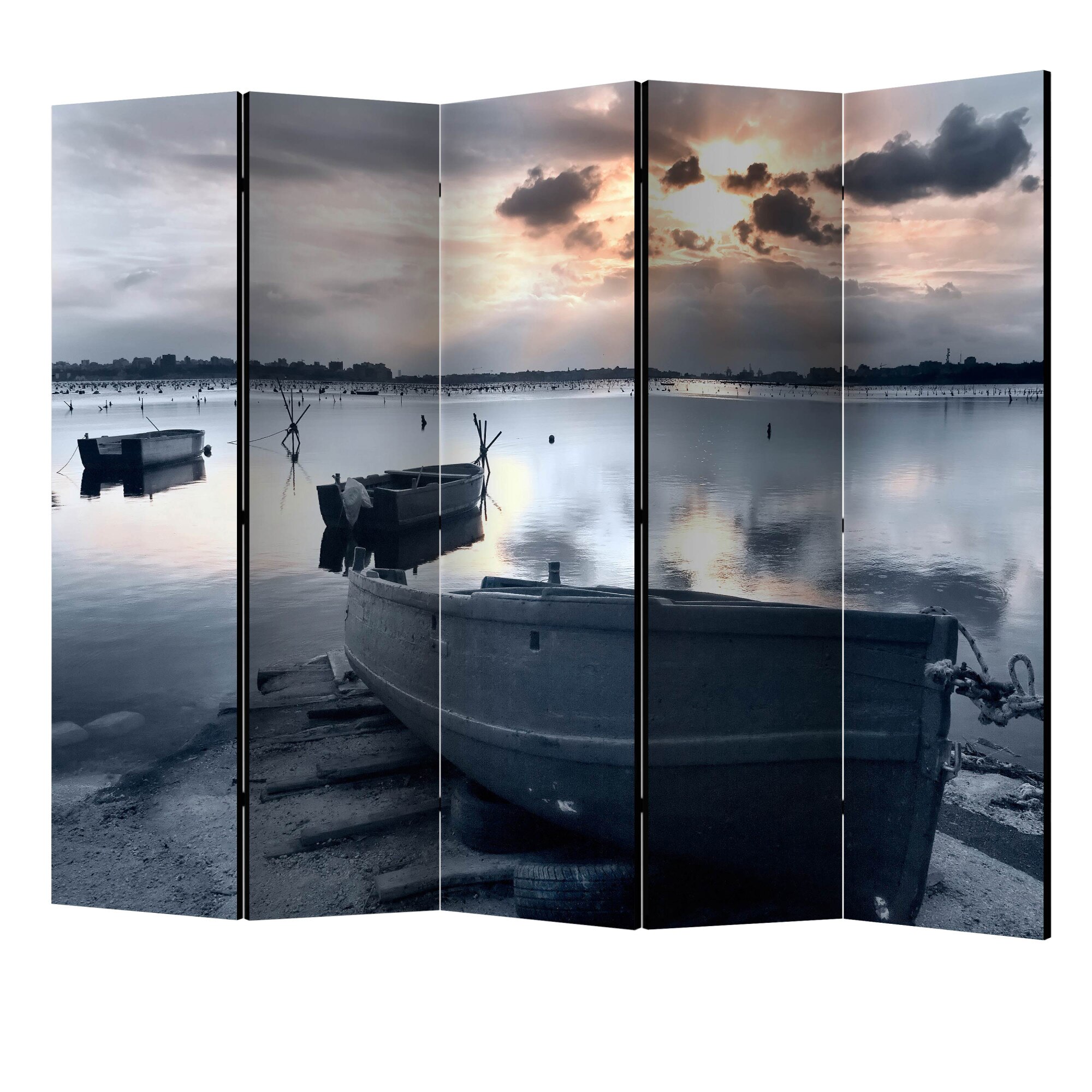 Paravan din 5 parti - Barci portuare II - 225 x 172 cm