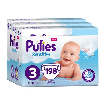 Scutece Pufies Sensitive, 3 Midi, Monthly Pack, 6-10 kg, 198 buc Scutece Pufies Sensitive, 3 Midi, Monthly Pack, 6-10 kg, 198 buc