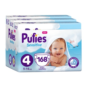Scutece Pufies Sensitive, 4 Maxi, Monthly Pack, 9-14 kg, 168 buc Scutece Pufies Sensitive, 4 Maxi, Monthly Pack, 9-14 kg, 168 buc
