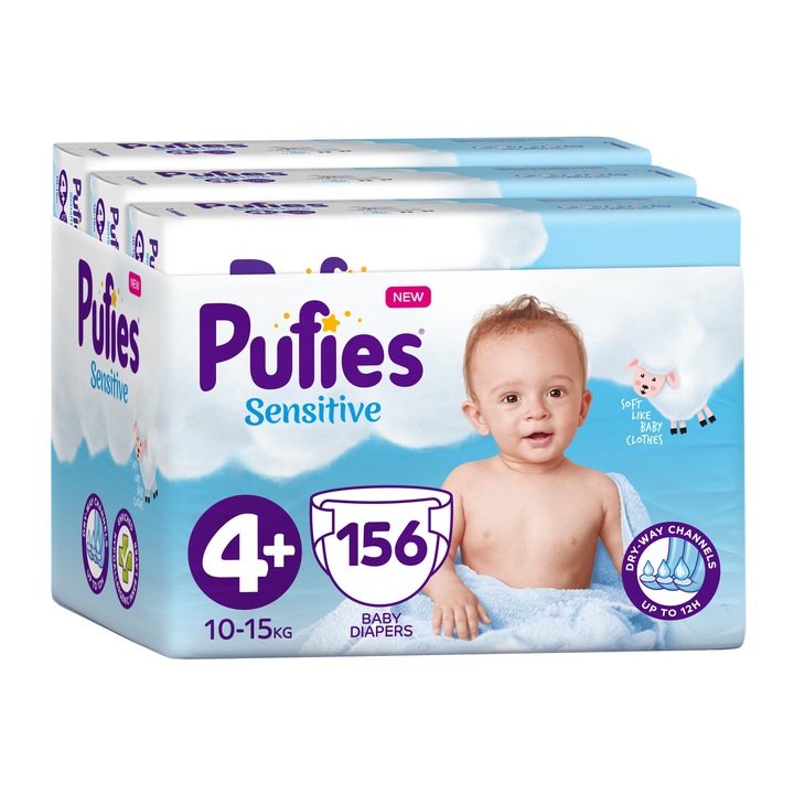 Scutece Pufies Sensitive, 4+ Maxi+, Monthly Pack, 10-15 kg, 156 buc