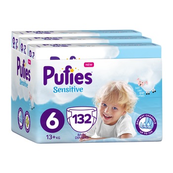 Scutece Pufies Sensitive, 6 Extra Large, Monthly Pack, 13+ kg, 132 buc