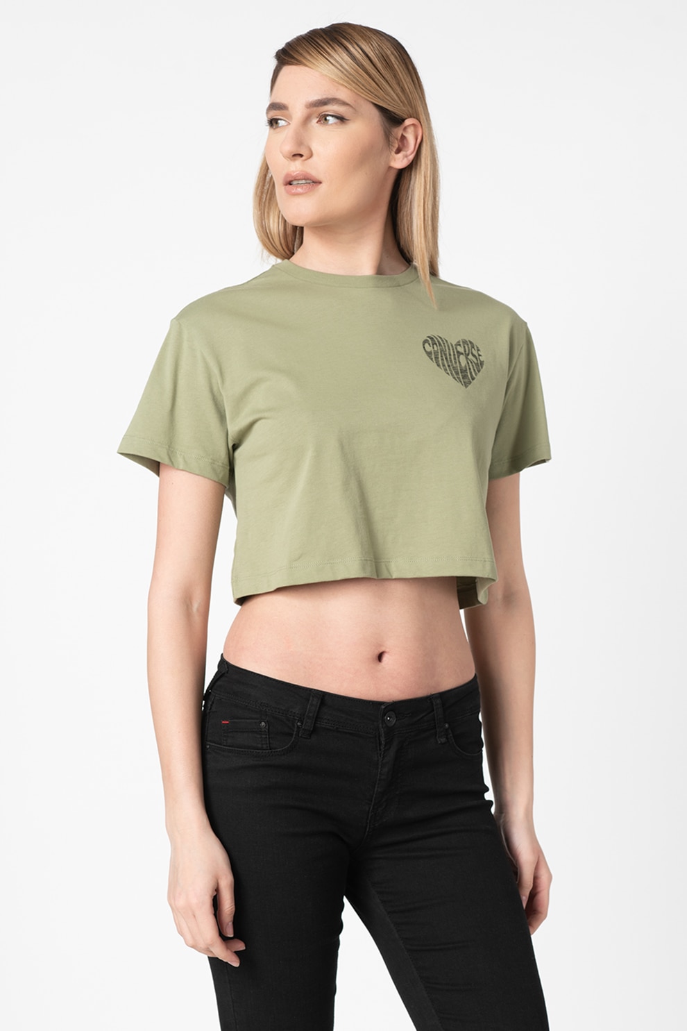 Converse, Tricou crop cu detaliu inima pe piept, Kaki