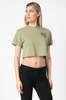 Converse, Tricou crop cu detaliu inima pe piept, Kaki Converse, Tricou crop cu detaliu inima pe piept, Kaki