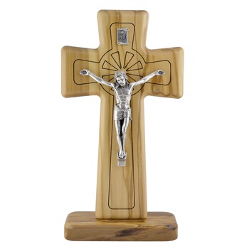 Cruce sculptata manual in lemn masiv de maslin cu corpul placat cu argint - Iisus rastignit pe cruce, postament - 13x7 cm, 3/4 Cruce sculptata manual in lemn masiv de maslin cu corpul placat cu argint - Iisus rastignit pe cruce, postament - 13x7 cm, 3/4