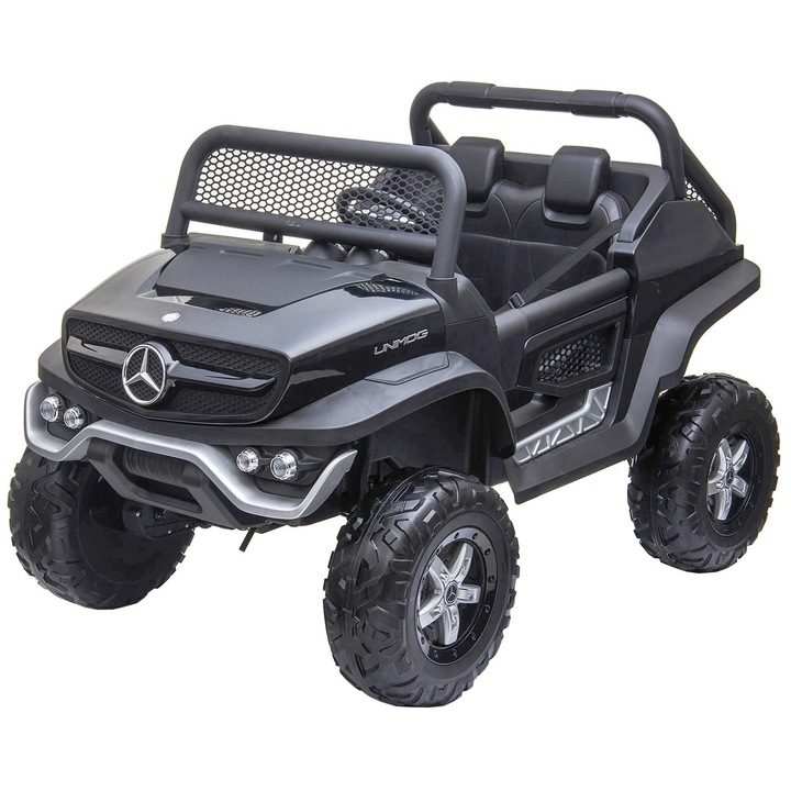 Електрическа кола 4x4 Premier Mercedes Unimog, 12V, EVA гумени джанти, екологична кожена седалка, черна