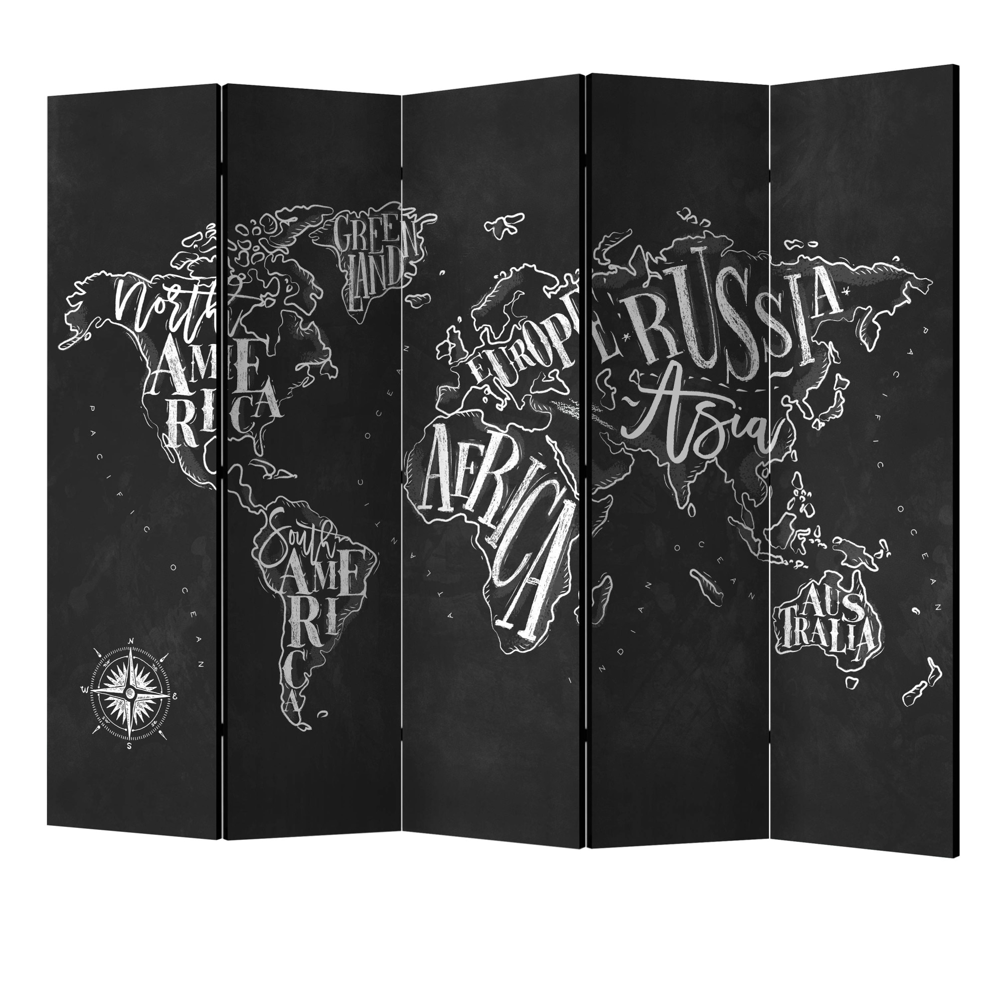 Paravan din 5 parti - Continente retro negru II - 225 x 172 cm