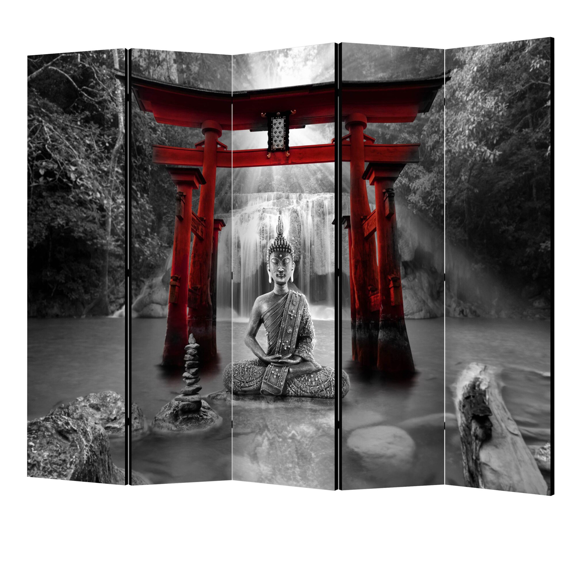 Paravan din 5 parti - Zambetul lui buddha rosu II - 225 x 172 cm