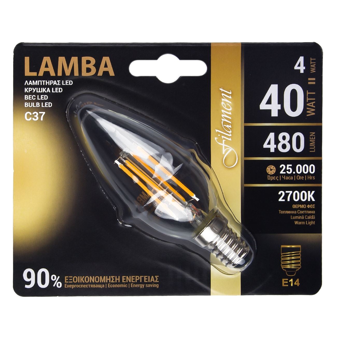 Bec LED E14 4W (C37), A ++, Lumina calda