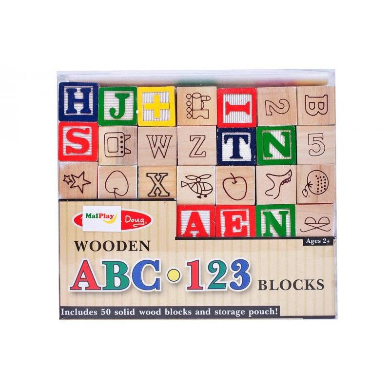 Cuburi de Lemn, WOODEN ABC, cu Litere, Cifre si Forme, cu Husa pentru Depozitare, 50 Bucati, Multicolor