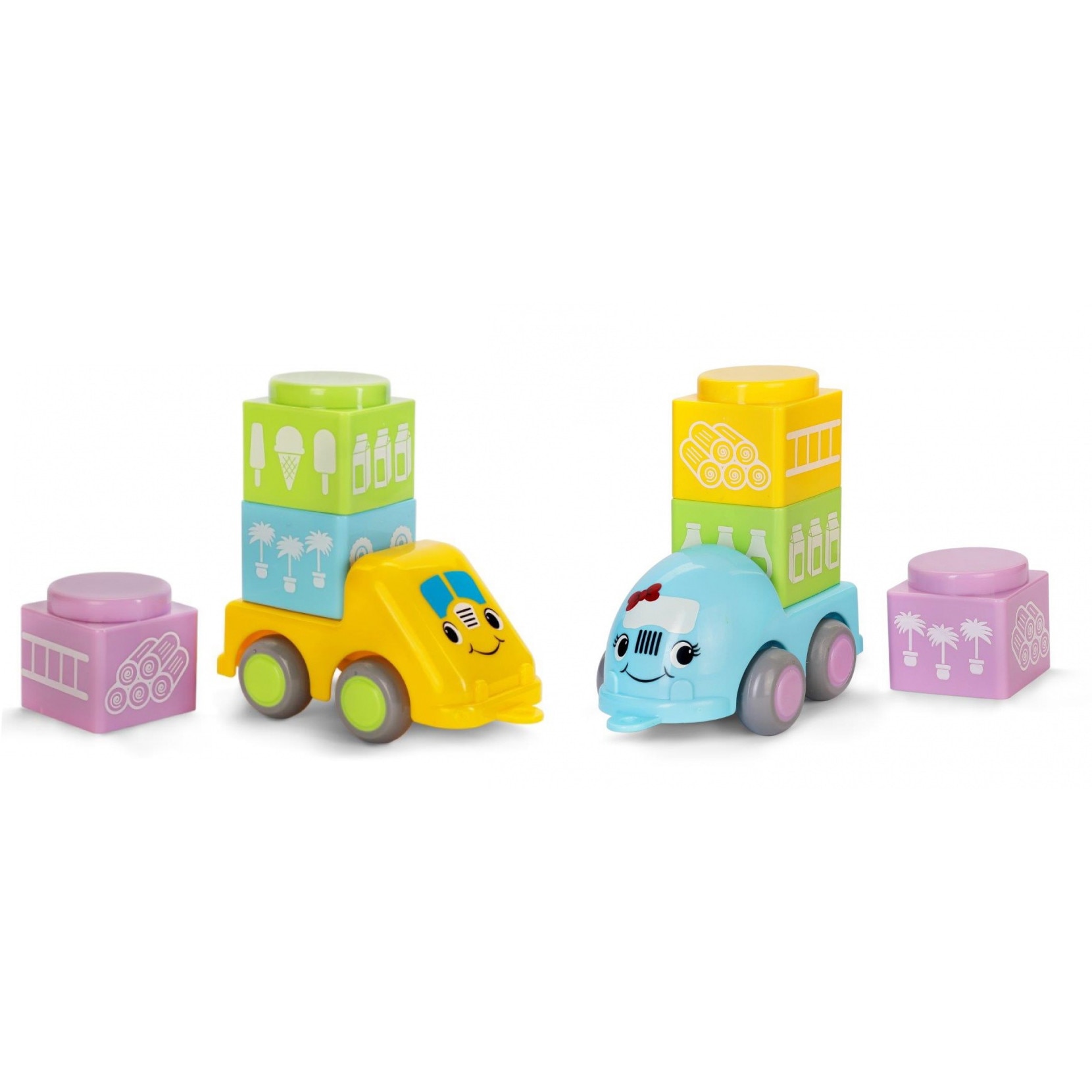 Set 2 camionete si cuburi constructie Meg si Max VikingToys, Plastic, 10 cm, Multicolor, 01160