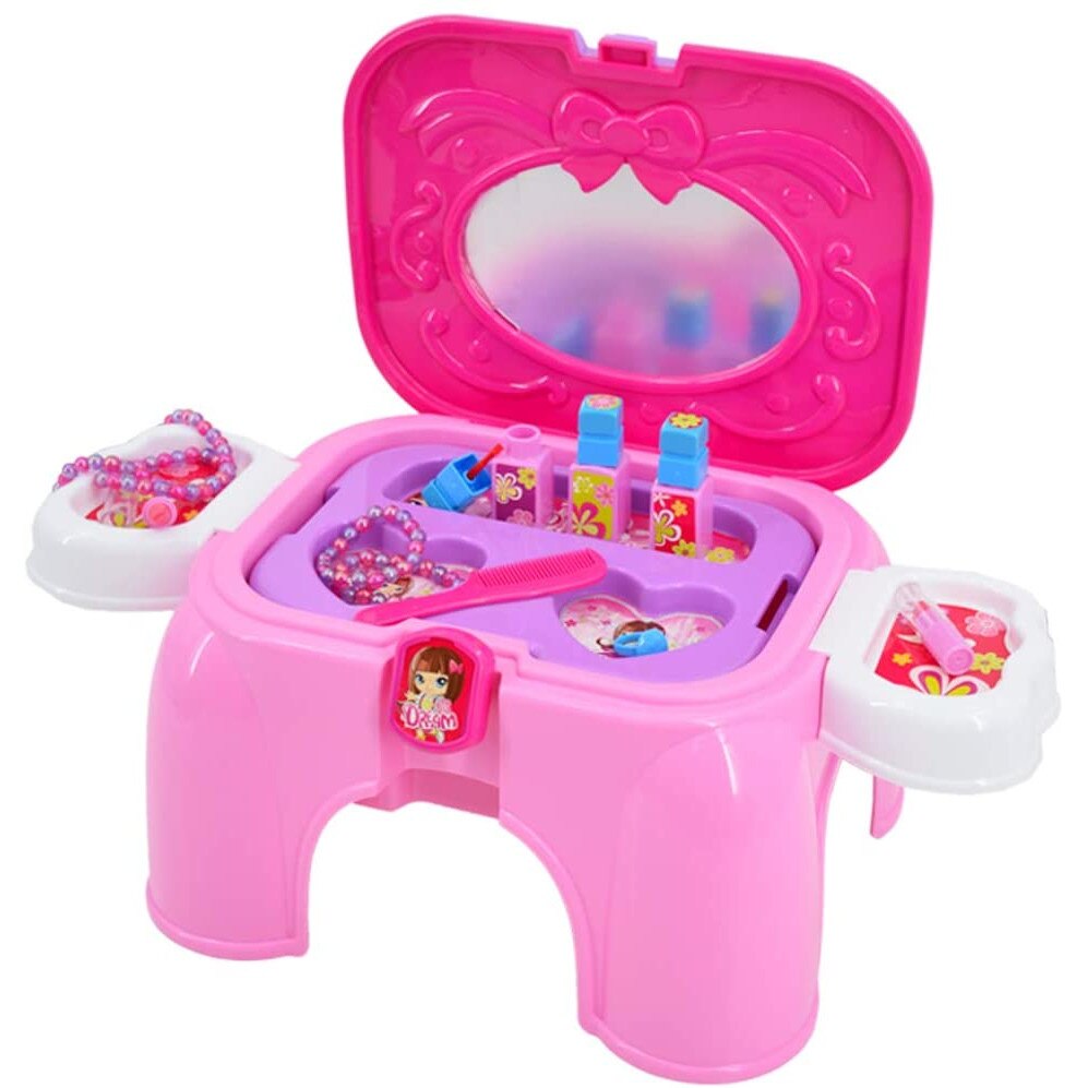 Trusa de Machiaj pentru Fetite, LITTLE PRINCESS, 2in1, Transformabila in Scaunel, Include Uscator Functional, Oglinda, Bijuterii, Machiaje, Roz
