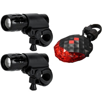 Set 3 buc. pentru bicicleta / trotineta, faruri zoom, stop laser 5 led, 3 moduri luminare, negre Set 3 buc. pentru bicicleta / trotineta, faruri zoom, stop laser 5 led, 3 moduri luminare, negre