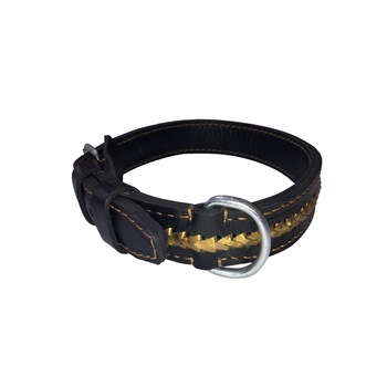 Zgarda caine din piele naturala neagra, dublata, cu impletitura aurie din alama( 70cm / 40mm / 10mm) Zgarda caine din piele naturala neagra, dublata, cu impletitura aurie din alama( 70cm / 40mm / 10mm)