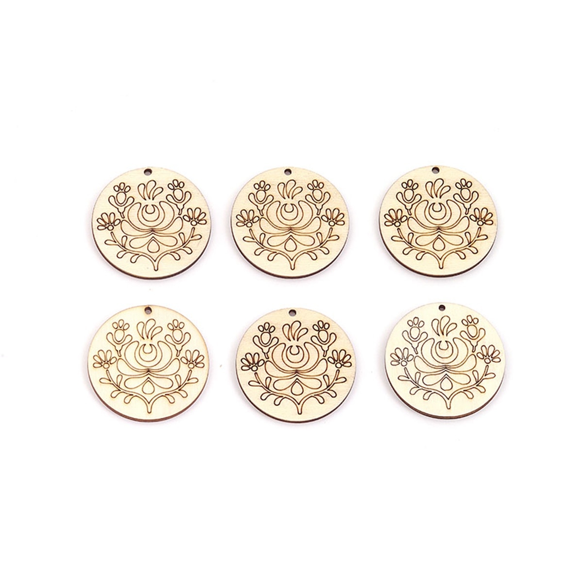Set 6 figurine din lemn, motiv floral - cerc, 4.3 cm