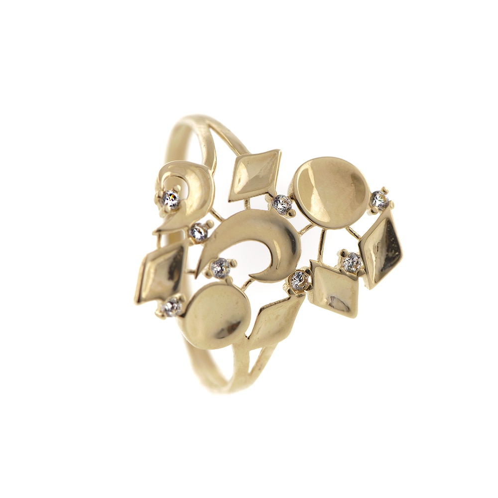 Inel din aur galben si cristale zirconia, model fantezie