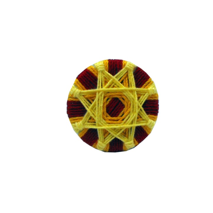 Brosa handmade Mantala, rotunda, tesuata manual din bumbac, Rosu/Galben Auriu