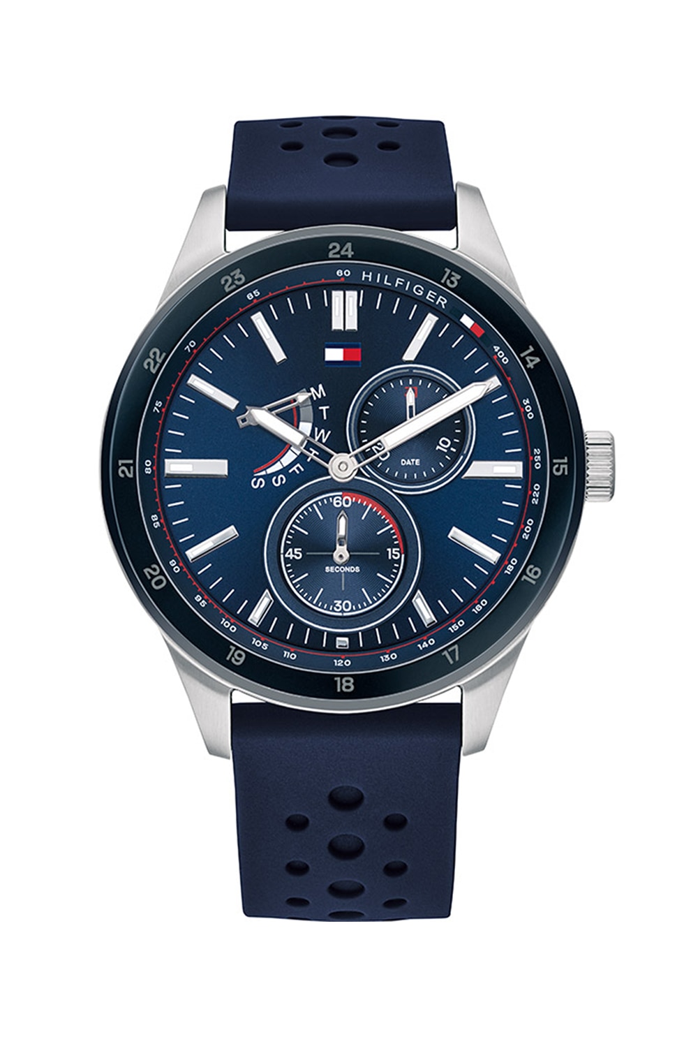 Tommy Hilfiger, Ceas cu functii multiple si perforatii decorative, Bleumarin inchis/Argintiu
