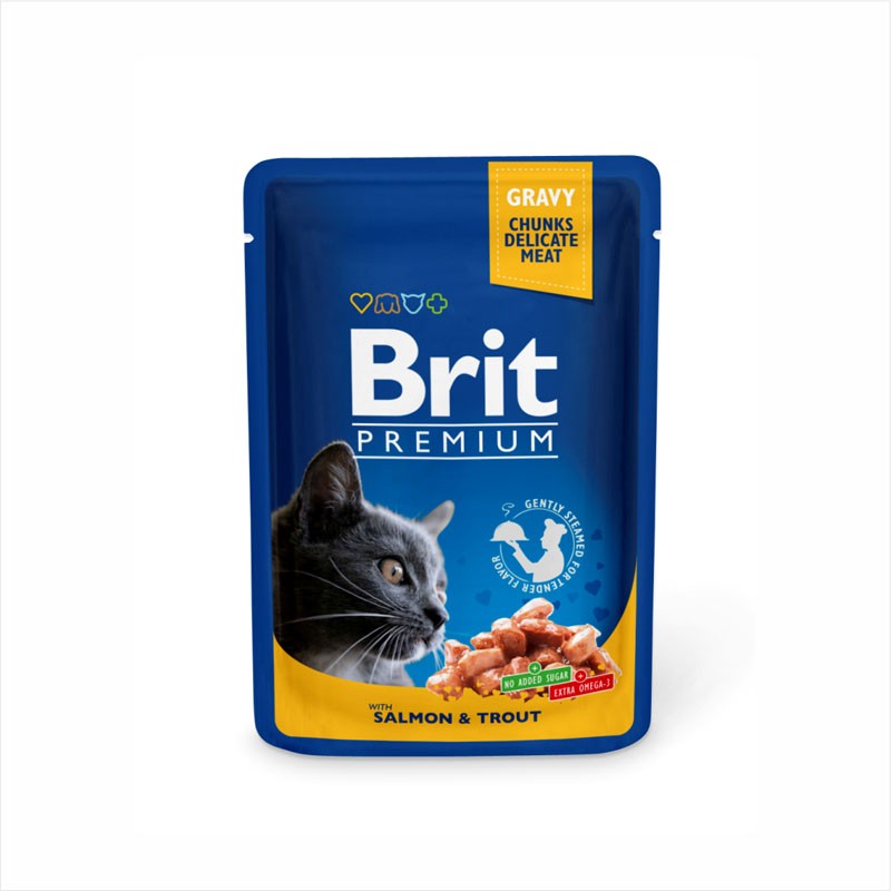 Hrana umeda pentru pisici, Brit Premium Cat, somon si pastrav, set 6 x 100 gr