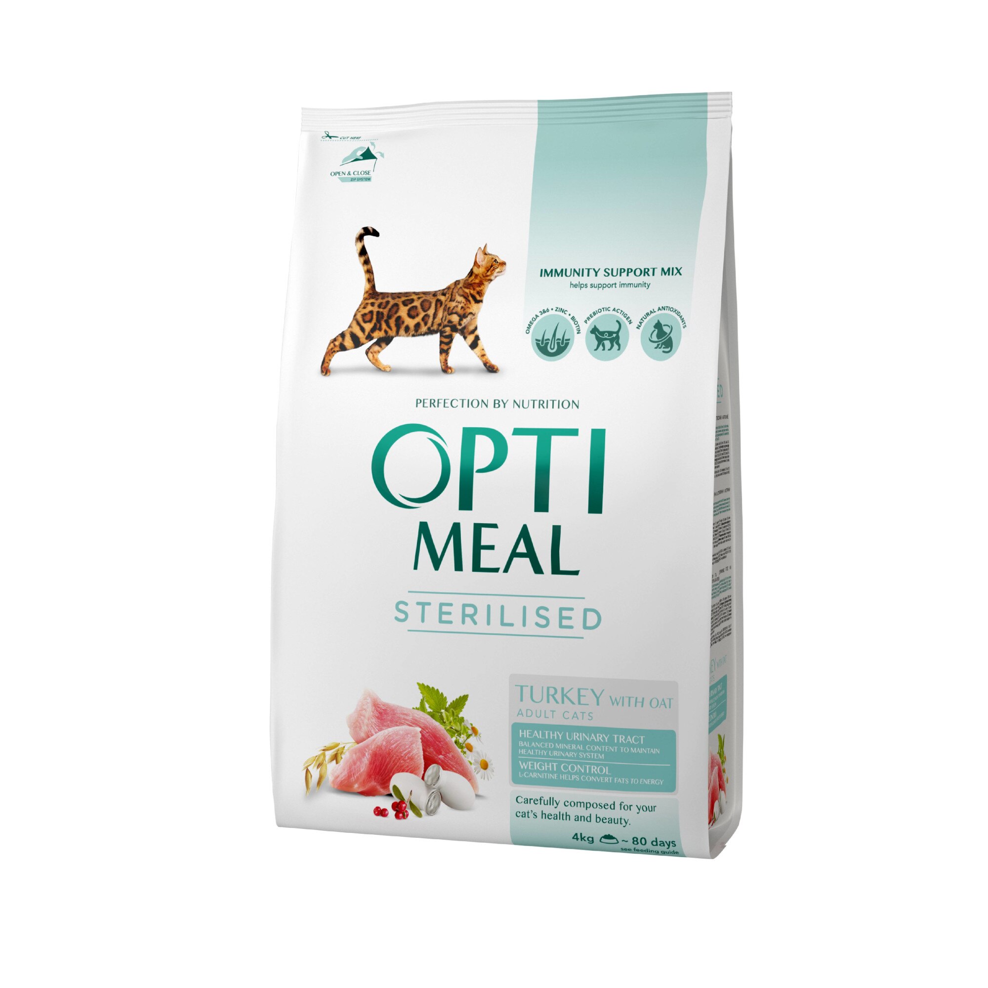 Hrana uscata completa pisici Sterilizate, Optimeal, cu Curcan si Ovaz, 4kg