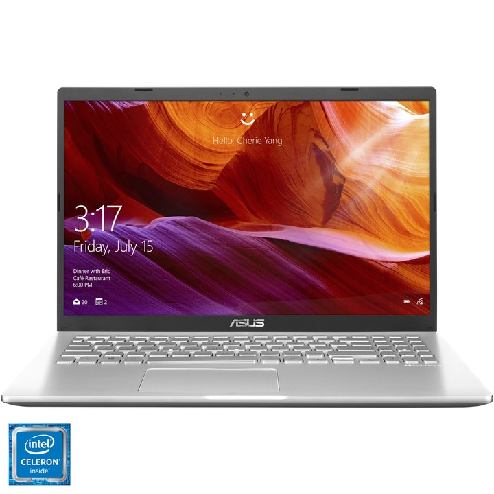 Laptop ASUS X509MA cu procesor Intel® Celeron® N4000 pana la 2.60 GHz, 15.6", HD,4GB, 1TB HDD, Intel UHD Graphics 600, Free DOS, Transparent Silver