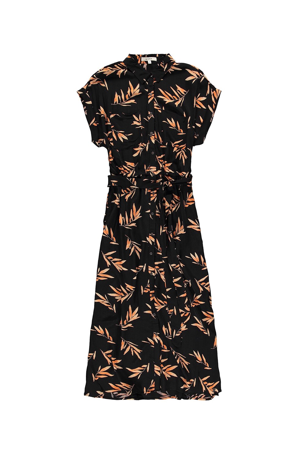 Garcia, Rochie tip camasa cu imprimeu floral si cordon, Negru/Oranj, S
