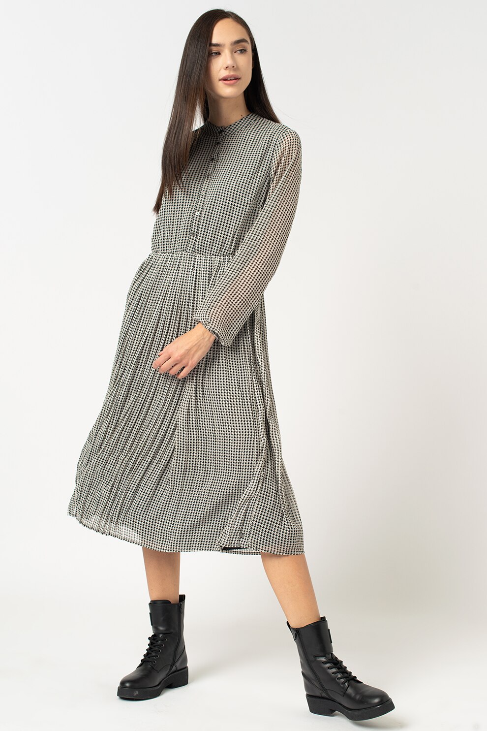 Garcia, Rochie midi plisata cu imprimeu houndstooth, Negru/Alb prafuit, M
