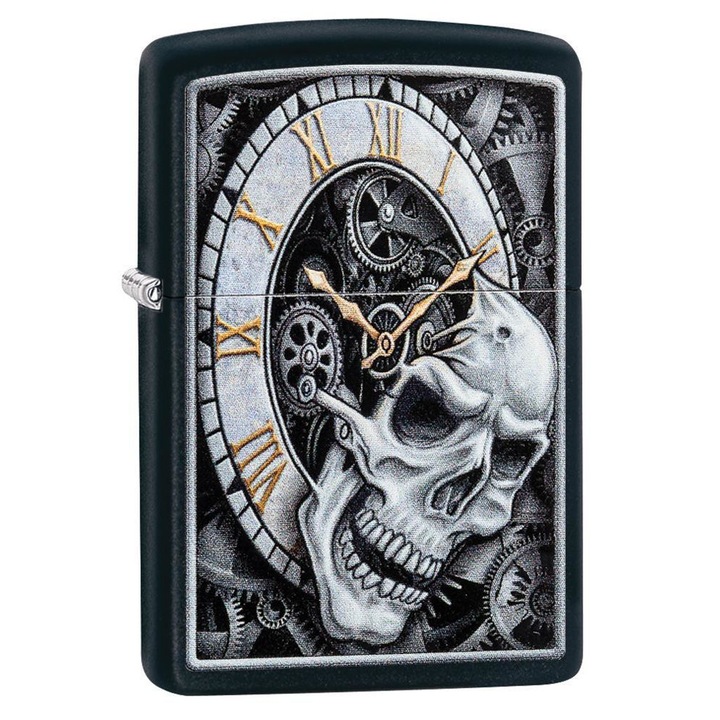 Bricheta Zippo Black Matte Color Skull Clock Design