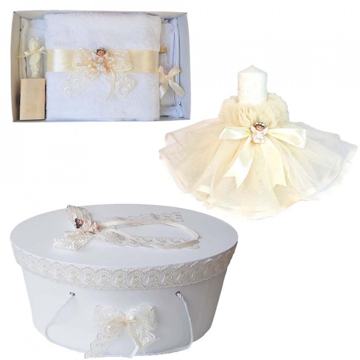Set dantela trusou botez, cutie trusou si lumanare, Ingeras, decor ivoire, Denikos® 479