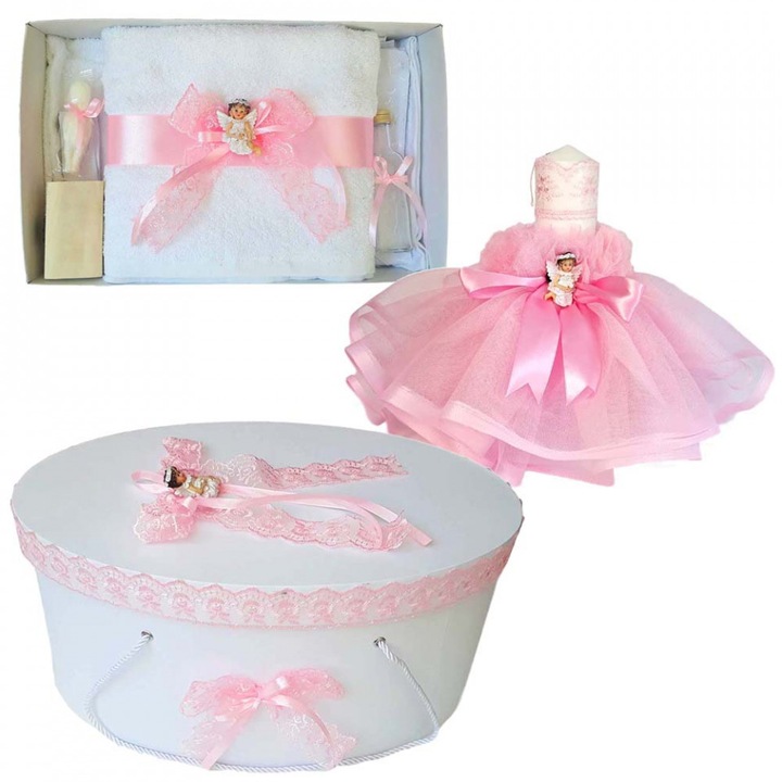 Set dantela trusou botez, cutie trusou si lumanare, Ingeras, decor roz, Denikos® 481
