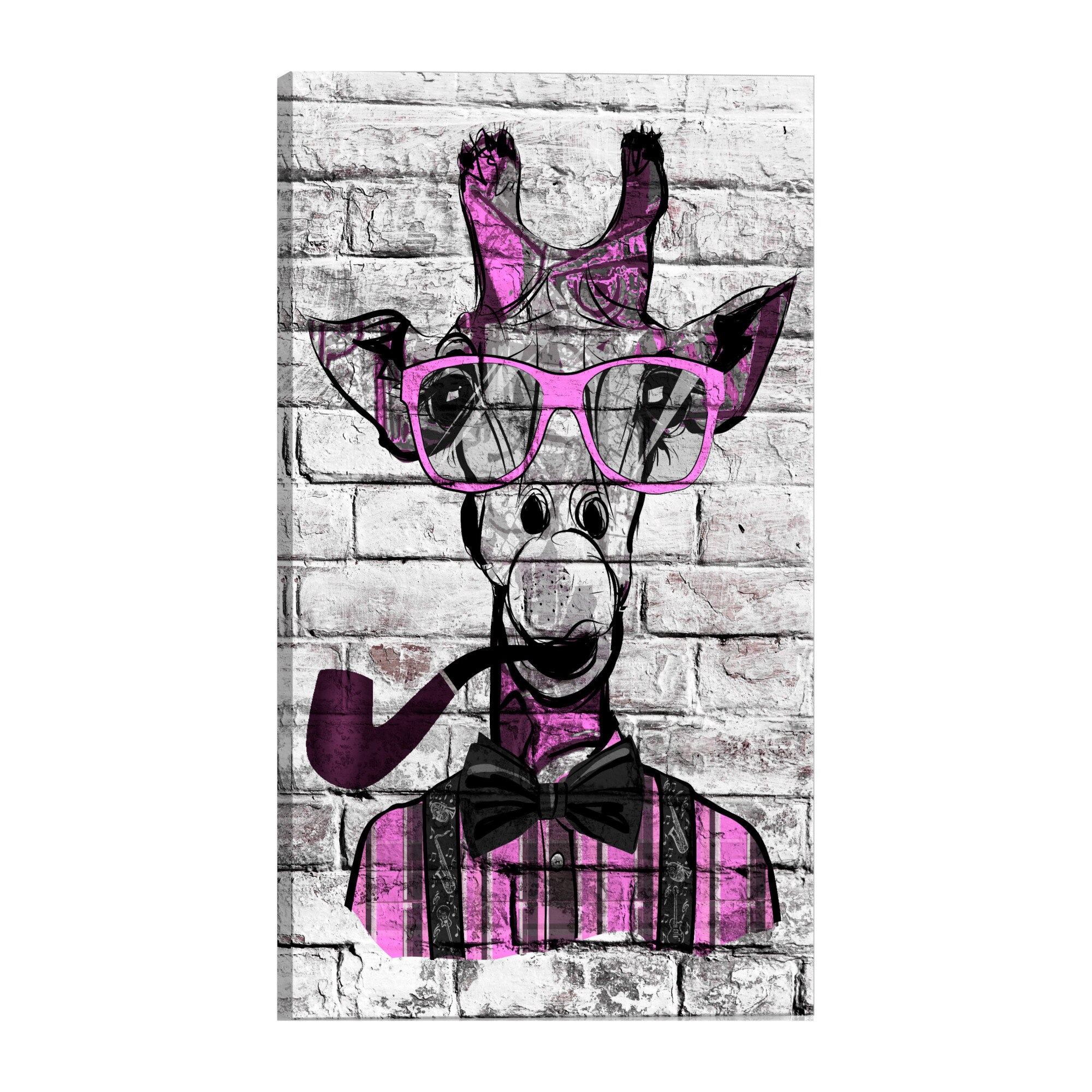 Tablou canvas - Jirafa cu teava roz vertical - 60 x 90 cm