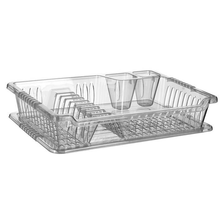 Uscator pentru vase, pahare si tacamuri Shopiens®, cu tava pentru colectarea apei, din plastic transparent, 40 x 29 x 9 cm