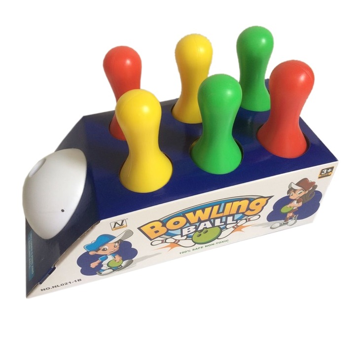 Комплект за боулинг с 6 кегли и топка, пластмасов, многоцветен, 19х15 см