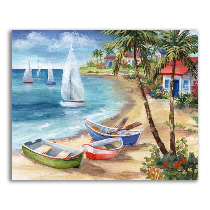 Tablou Canvas - Peisaj, Natura, Plaja, Mare, Valuri, Nisip, Barca, Palmieri, Vara, 80 x 100 cm