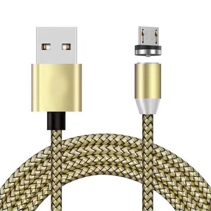 Töltőkábel mágneses csatlakozóval telefonhoz és táblagéphez, micro-USB, gyors töltés, 1M, LED, Gold